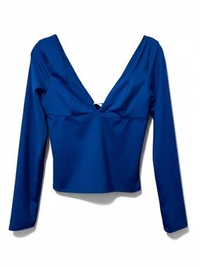Gaze Blue Deep V Crop Top Long Sleeve Stretch Blouse – Large
